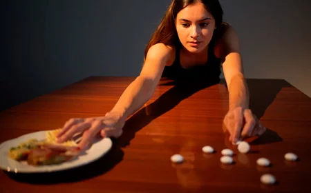 Девушка тянется к таблеткам и еде